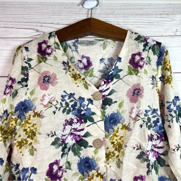 Hester & Orchard Linen Blend Blouse Floral Button Closure Tie sleeve Size L - Picture 3 of 9